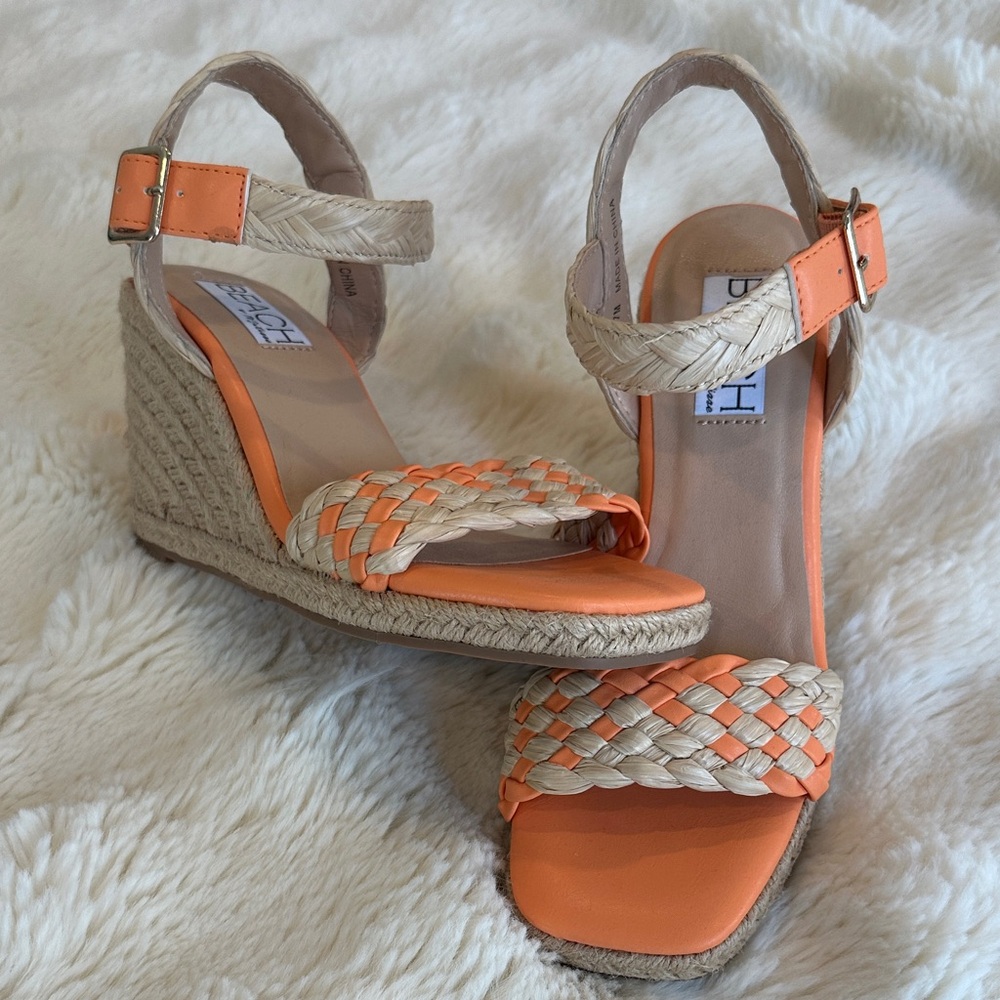 Orange and tan wedge sandals size 7
